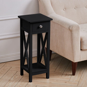Black slim wooden console table with drawer and open lower shelf, crossed legs