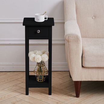 Black wooden slim console table with one drawer and open lower shelf, silver knob