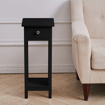 Black wooden slim console table with single drawer and open base shelf, silver handle