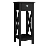 Black wooden console table with one drawer, silver knob, open X-legs