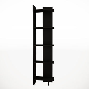 Black 5-tier corner bookshelf rack with open shelves and angled feet
