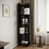 5-tier corner shelf in black with 5 open cubby levels and top shelf ledge