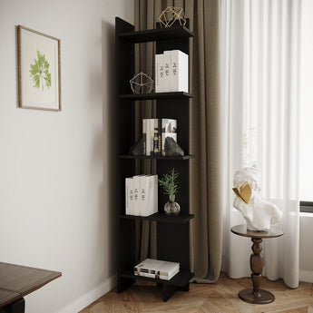 5-tier corner shelf in black with 5 open cubby levels and top shelf ledge
