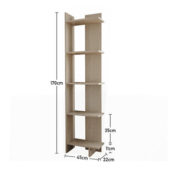 Light wood corner rack dimensions: 170cm tall, 45cm wide, 22cm depth, 5 tiers
