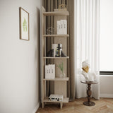5-tier corner shelf in light wood with five open shelves and corner posts