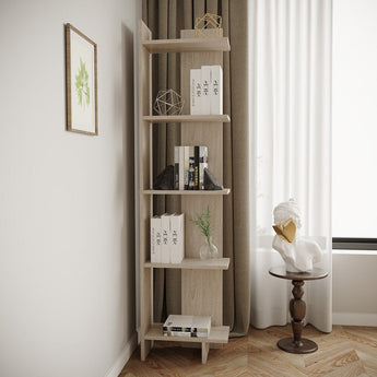 5-tier corner shelf in light wood with five open shelves and corner posts