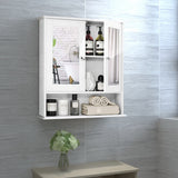 Rectangular wall mirror cabinet, doors open, interior shelves for toiletries and towels