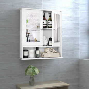 Rectangular wall mirror cabinet, doors open, interior shelves for toiletries and towels
