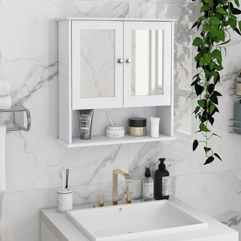 Wall-mounted rectangular mirror cabinet with 2 white doors and side mirrored panels