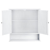 Open wall mount mirror cabinet with two hinged doors and three interior storage levels