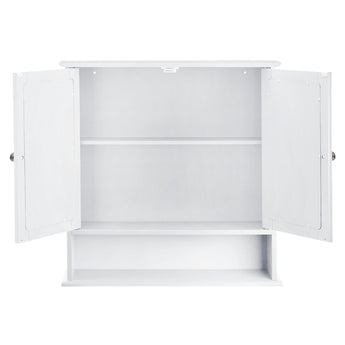 Open wall mount mirror cabinet with two hinged doors and three interior storage levels