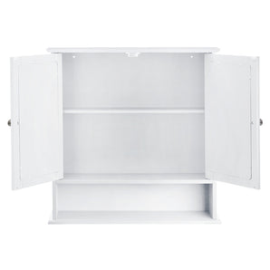 Open wall mount mirror cabinet with two hinged doors and three interior storage levels