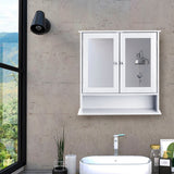 White bathroom mirror cabinet with two doors, glass reflectors, and open storage below