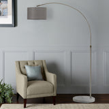 Arched floor lamp with grey fabric shade and marble-look base, 131–186 cm