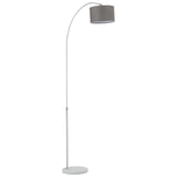 Arched floor lamp with grey fabric shade and round marble-look base