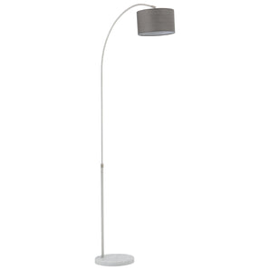Arched floor lamp with grey fabric shade and round marble-look base