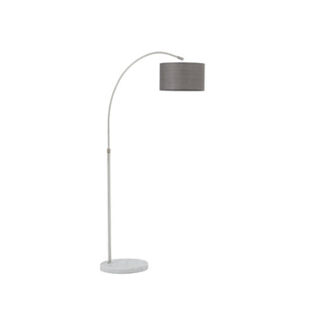 Tall arched standing lamp with grey drum shade and marble-look base