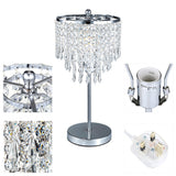 Crystal table lamp details: drum shade with hanging prisms and round chrome base