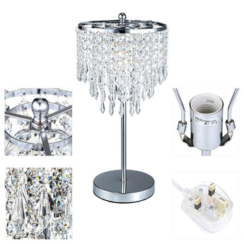 Crystal table lamp details: drum shade with hanging prisms and round chrome base