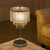 Small crystal table lamp, round drum shade with hanging clear crystals, chrome base