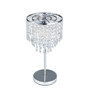 Small crystal table lamp with round chrome base and dangling clear prisms shade