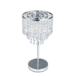 Small crystal table lamp with round chrome base and dangling clear prisms shade