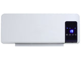 Wall-mounted electric heater, white unit with dark control panel and LED temperature 19