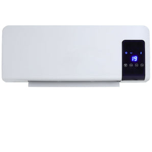 Wall-mounted electric heater, white unit with dark control panel and LED temperature 19