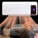 Wall-mounted electric heater showing LED temp 19 and remote control with button panel