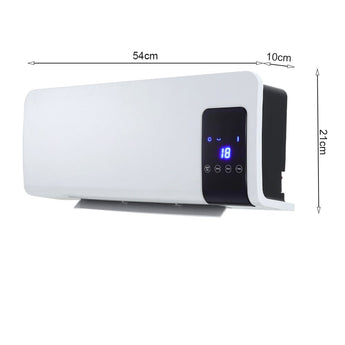 Wall-mounted electric heater side view with LED panel and dimensions 54 cm x 21 cm x 10 cm