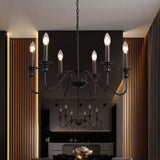 Black vintage candle chandelier with multi-arm design and flame-style bulbs on chain