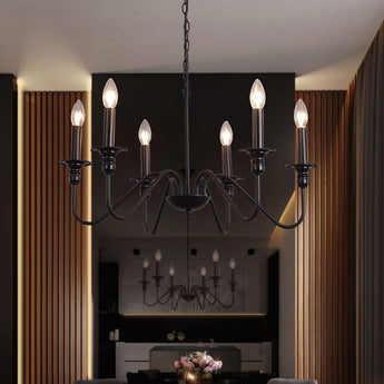 Black vintage candle chandelier with multi-arm design and flame-style bulbs on chain