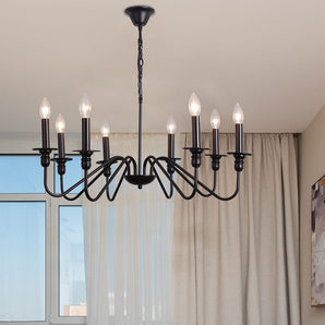 Vintage candle pendant light with black metal arms and eight flame-style bulbs