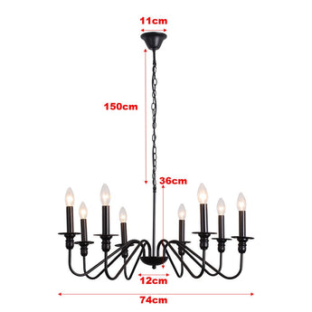 Vintage candle pendant dimensions: 74cm wide, 150cm long, 11cm canopy, 12cm base