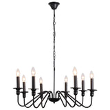Black candle pendant chandelier with central chain and eight flame-style bulb sockets