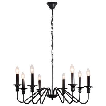 Black candle pendant chandelier with central chain and eight flame-style bulb sockets