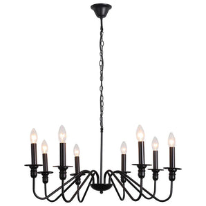 Black candle pendant chandelier with central chain and eight flame-style bulb sockets