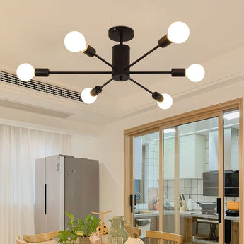 Industrial 6-light ceiling fixture with black round canopy and six white globe bulbs