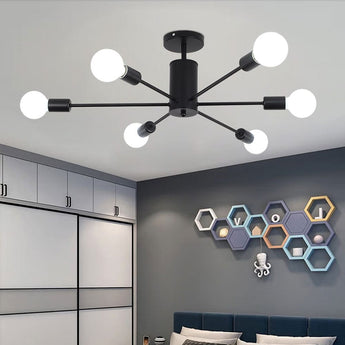 6-light ceiling light: black center canopy with six white bulbs on curved metal arms