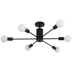 Industrial style 6-light ceiling light with black frame and six white globe bulbs