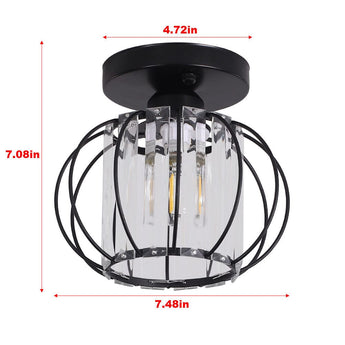 Lantern pendant dimensions diagram: black metal cage with clear glass cylinder