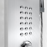 Silver shower panel face with multiple round spray jets and arched water lines