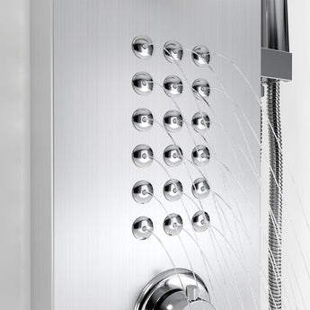 Silver shower panel face with multiple round spray jets and arched water lines