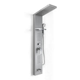 Silver shower panel with overhead shower head, handheld holder, and control levers