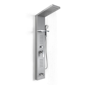 Silver shower panel with overhead shower head, handheld holder, and control levers