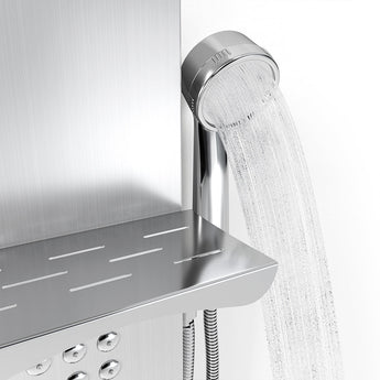 Handheld shower head with water spray and silver panel ledge