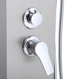 Chrome control knob and handheld shower outlet on a silver shower panel