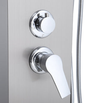 Chrome control knob and handheld shower outlet on a silver shower panel