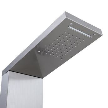 Overhead shower head on a silver shower panel with spray nozzles