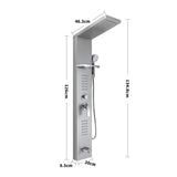 Silver shower panel dimensions showing overhead head, hose, and control section